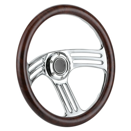 350mm/14in Dark Wood Grip 6‑Bolts Chrome 3‑Spoke Steering Wheel