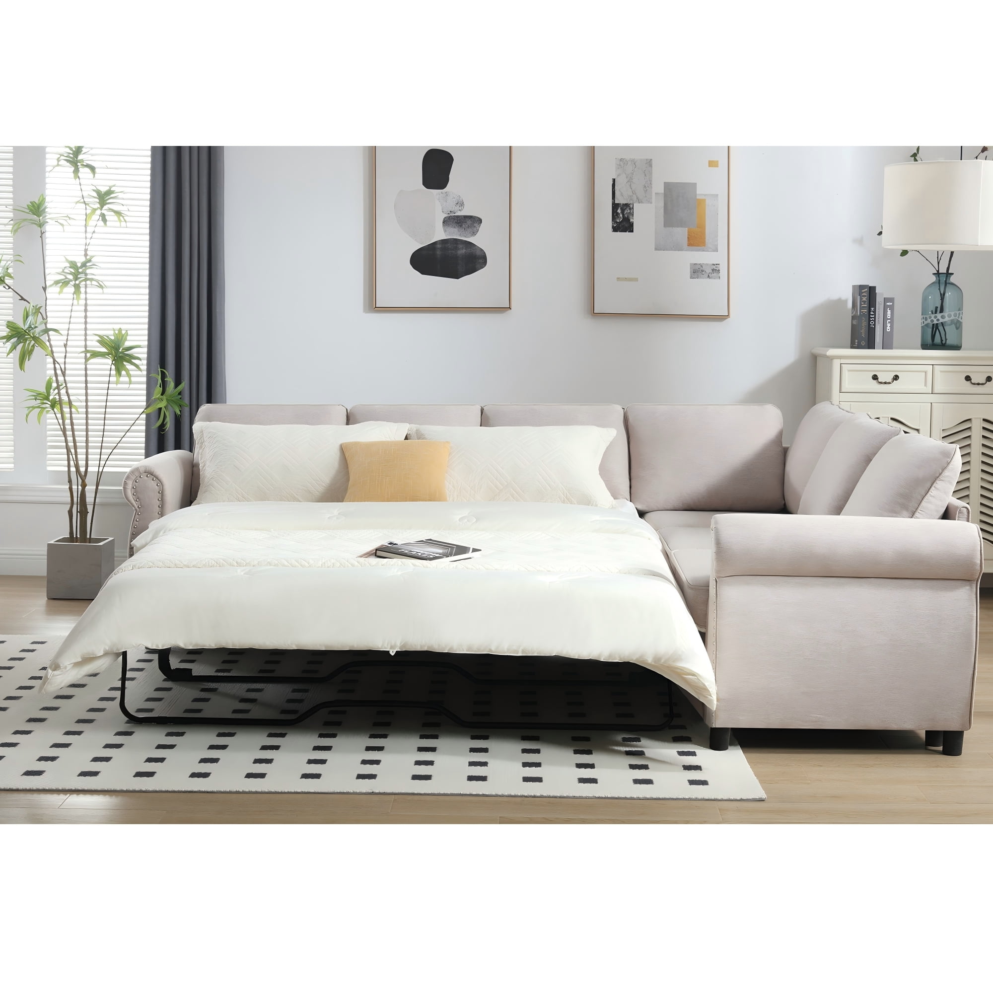 LLappuil Sectional Sofa, Pull Out Sofa Bed Queen Size, 6 Seat Sofa Couch Convertible Sleeper Sofa Bed for Living Room Beige
