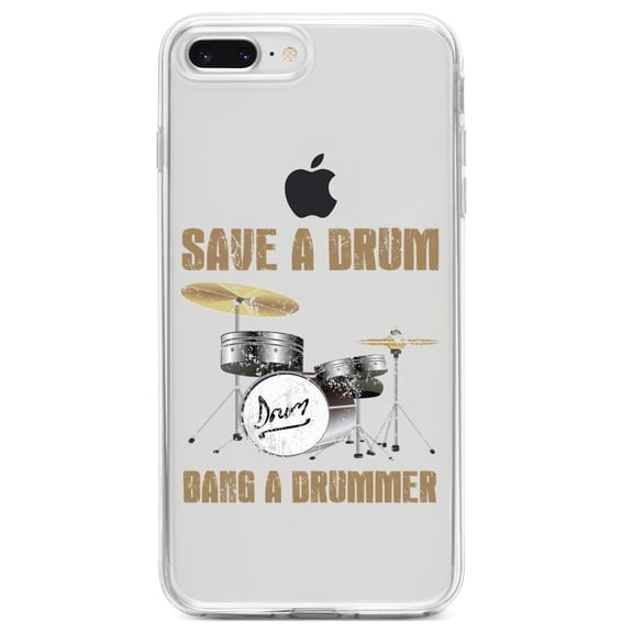 DistinctInk Clear Shockproof Hybrid Case for iPhone 7 PLUS / 8 PLUS (5.5" Screen) TPU Bumper Acrylic Back Tempered Glass Screen Protector - Save a Drum, Bang a Drummer