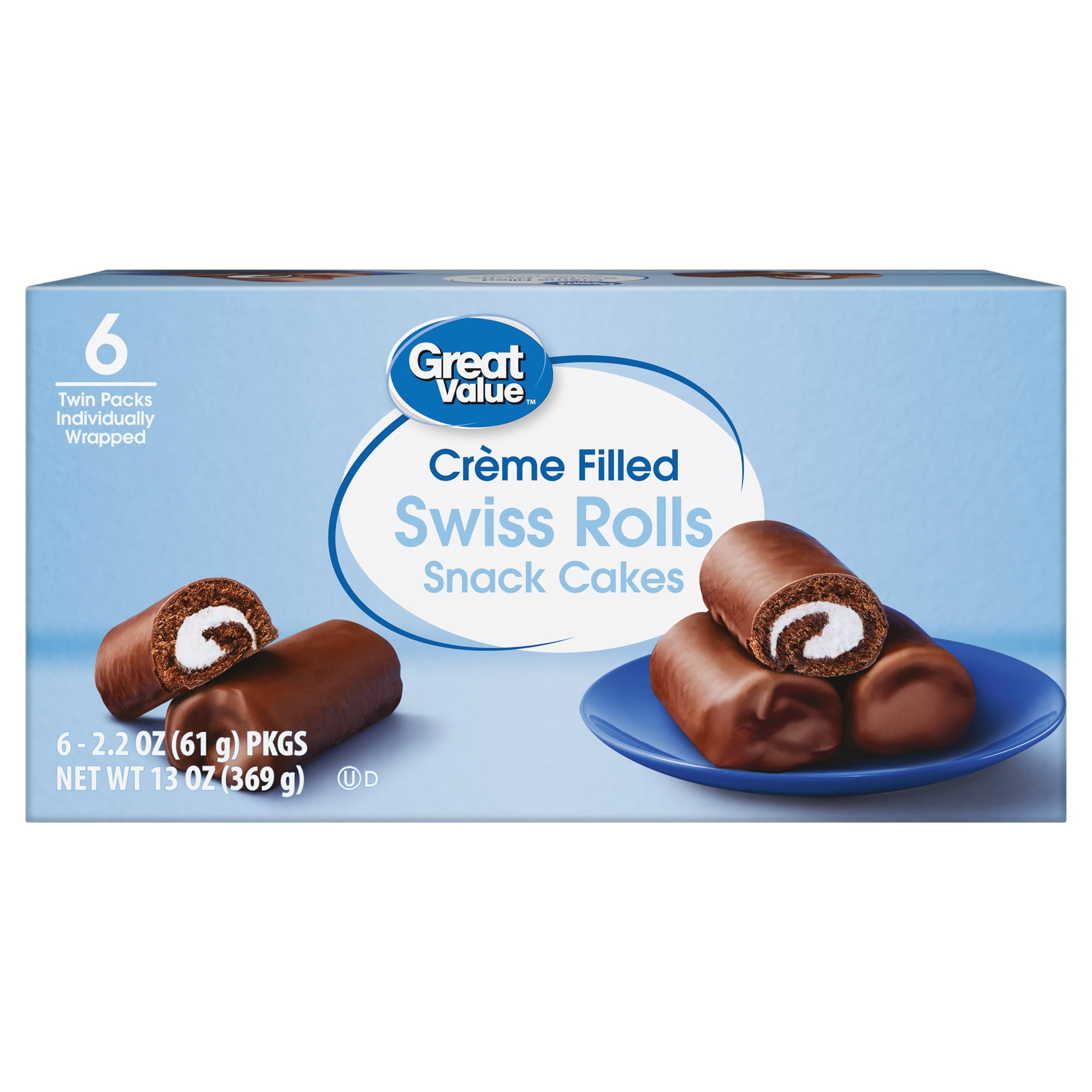 Great Value Creme Filled Swiss Rolls Snack Cakes, 13 oz, 6 Count