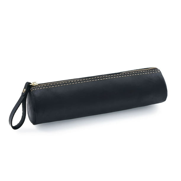 Estuche de cuero FloreceBien, estuche de cuero hecho a mano con cremallera, estuche de almacenamiento de papelería de gran capacidad, negro