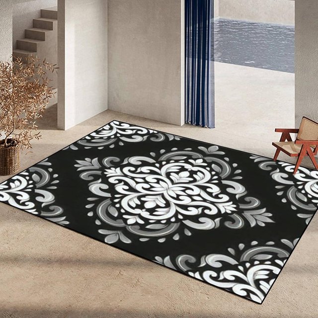 White Black Large Area Rugs, Boho Flower Runner Rugs, Non-Slip Floor Throw Mat, Rectangle Carpet for Living Room, Bedroom, Hallway Front Entrance, Kitchen, Dining, 6' x 8'