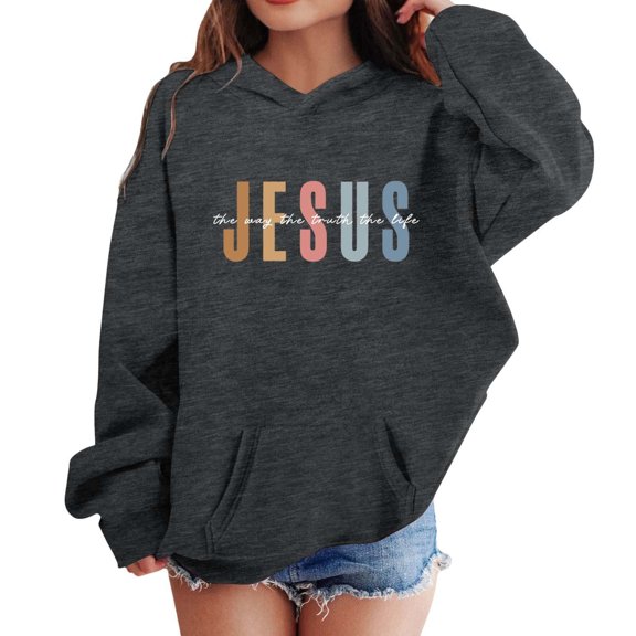 Girls Long Sleeve Sweatshirts Jesus Letter Print Kids Casual Crewneck Loose Fit Pullover with Pockets,Dark Gray,5-6 Years