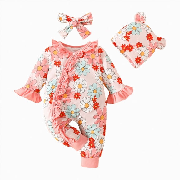 Nwiuh Preemie Newborn Baby Girl Clothes Long Sleeve Ruffle Romper Coming Home Outfit Infant Fall Winter Outfits (Pink, 6-9 Months)