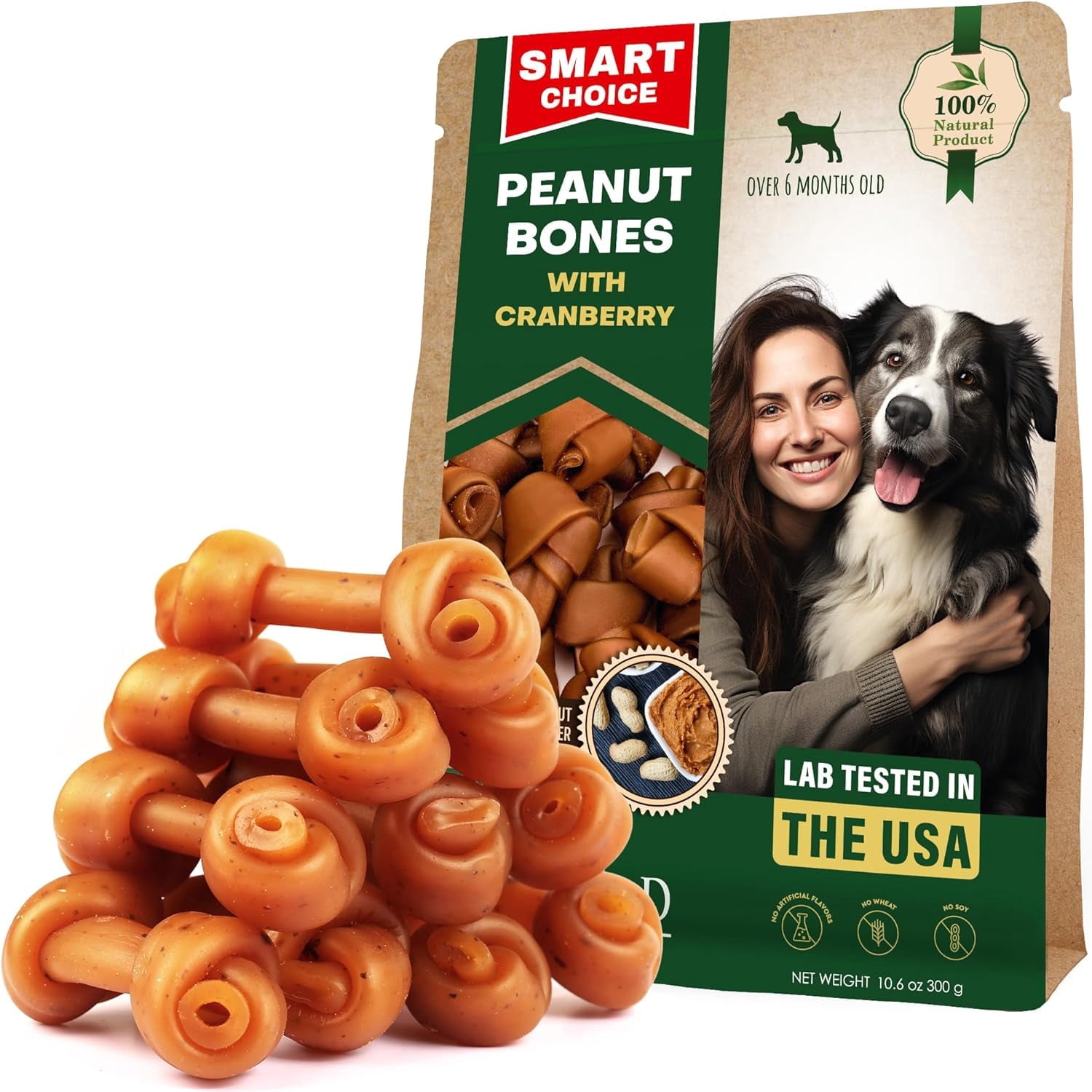 Dog Treats Peanut Butter Bones with Cranberry & Rawhide Free Chew 10.6 Oz - Pet Natural Mini & Big Snacks Premium Collagen & Bulk Best Chews for Small & Large Dogs (Peanut Butter)