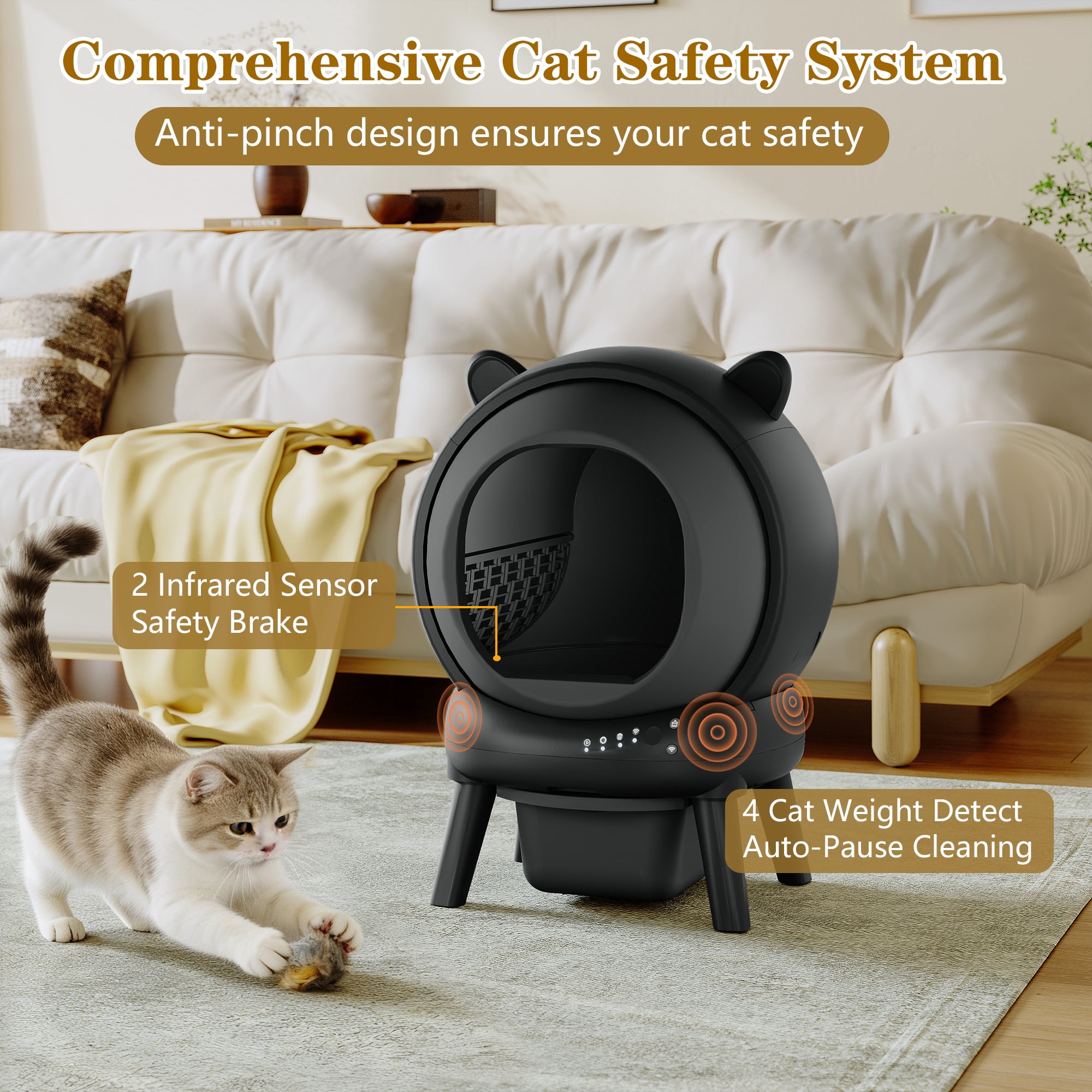 HLR 70L Smart Automatic Self-Cleaning Cat Litter Box, APP Control/Integrated Safety Protection, Cat Ears Design, Black