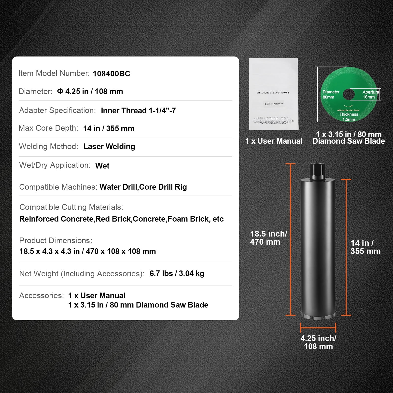 KFFKFF Diamond Core Drill Bit, 4.25" Diamond Wet Core Drilling Bits, 14" Penetration Depth Concrete Core Drilling Bit with Saw Edge, 1-1/4"-7 Inner Thread, Laser Fused, Diamond Wet Boring Bit