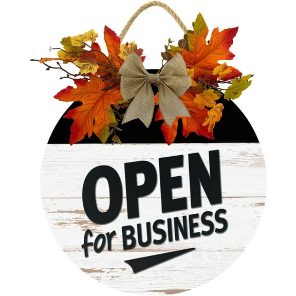 Eveokoki 12" Open For Business 01 Sign for Front Door Farmhouse Wooden Door Hangers Front Door Outdoor Hanging Wreaths Sign,Rustic Round Sign Porch Decor
