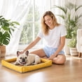 thumbnail image 4 of Rattan Cooling Pet Bed, Pet Cooling Mat, Dog Cooling Bed, Cooling Cat Bed, Medium Dog Bed Washable, Soft Printed Bolster Edge Square Summer Cooling Nest, Breathable Linen Border Rattan Mat, 4 of 6