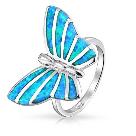 Blue Topaz Butterfly Ring - Blue Created Opal Inlay Garden Butterfly Ring For Women For Teen 925 Sterling Silver October Birthstone