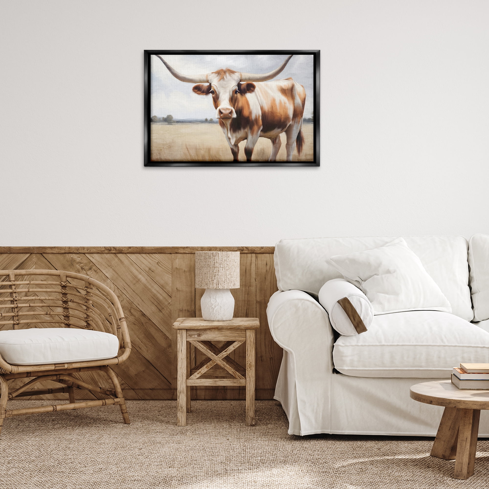 Stupell Industries Spotted Brown Longhorn Animals Painting Black Floater Framed Canvas Art Print Wall Art, 31 x 21