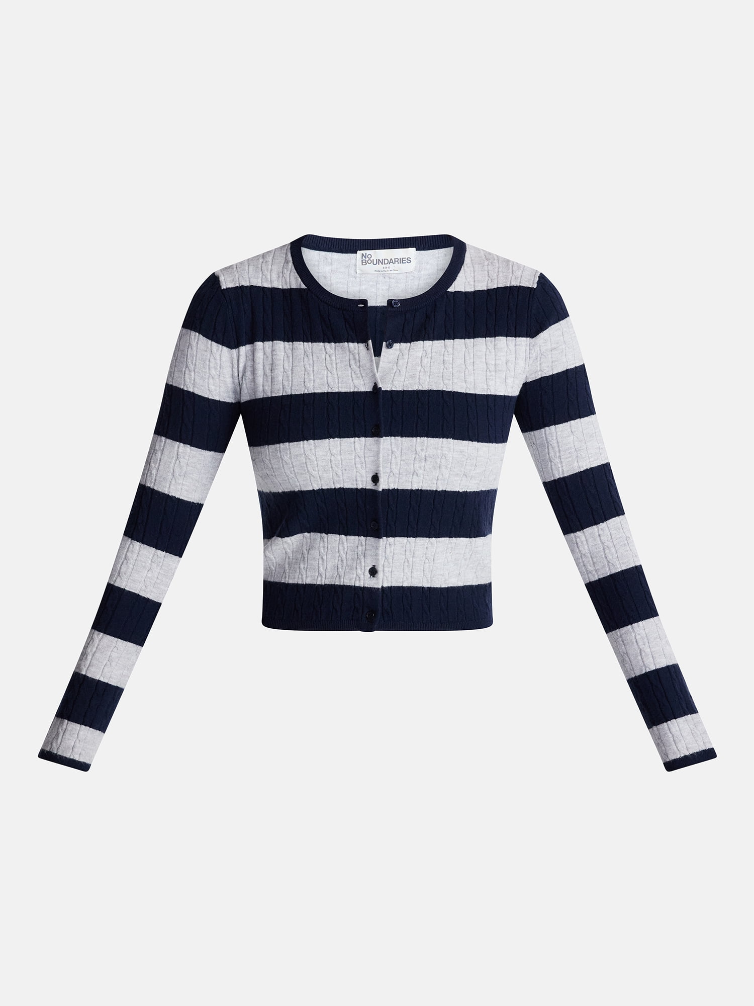 No Boundaries Cable Knit Crewneck Cardigan, Women's XXS-4X