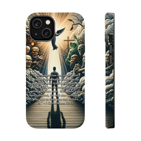 DistinctInk Tough Case for Apple iPhone 15 (6.1" Screen), Compatible with MagSafe Charging - "1 Corinthians 10:13 - God's Faithfulness in Temptation"