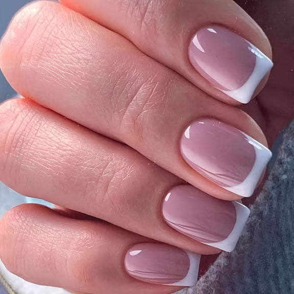 RAGUPEL 24pcs Short Square French Tip Press-On Nails - Glossy Nude Pinkish Acrylic, Easy-to-Apply Manicure for Any Occasion