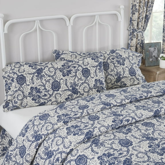 VHC Brands Dorset, Farmhouse Ruffled Pillow Cases, King Size, Floral, Navy, 21x36, Set of 2