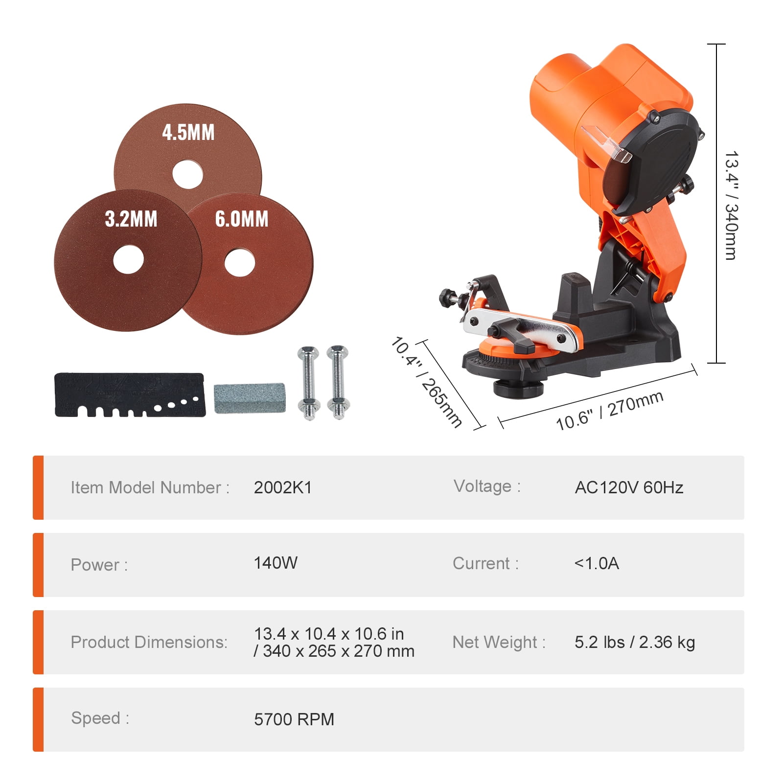 SKYSHALO Electric Chainsaw Sharpener Chain Saw Grinder 5700RPM, Professional Bench Chainsaw Sharpener Grinder Wall or Vise Mount Tool with 3 Grinding Wheels Fit 0.25" to 0.404" Pitch Chains