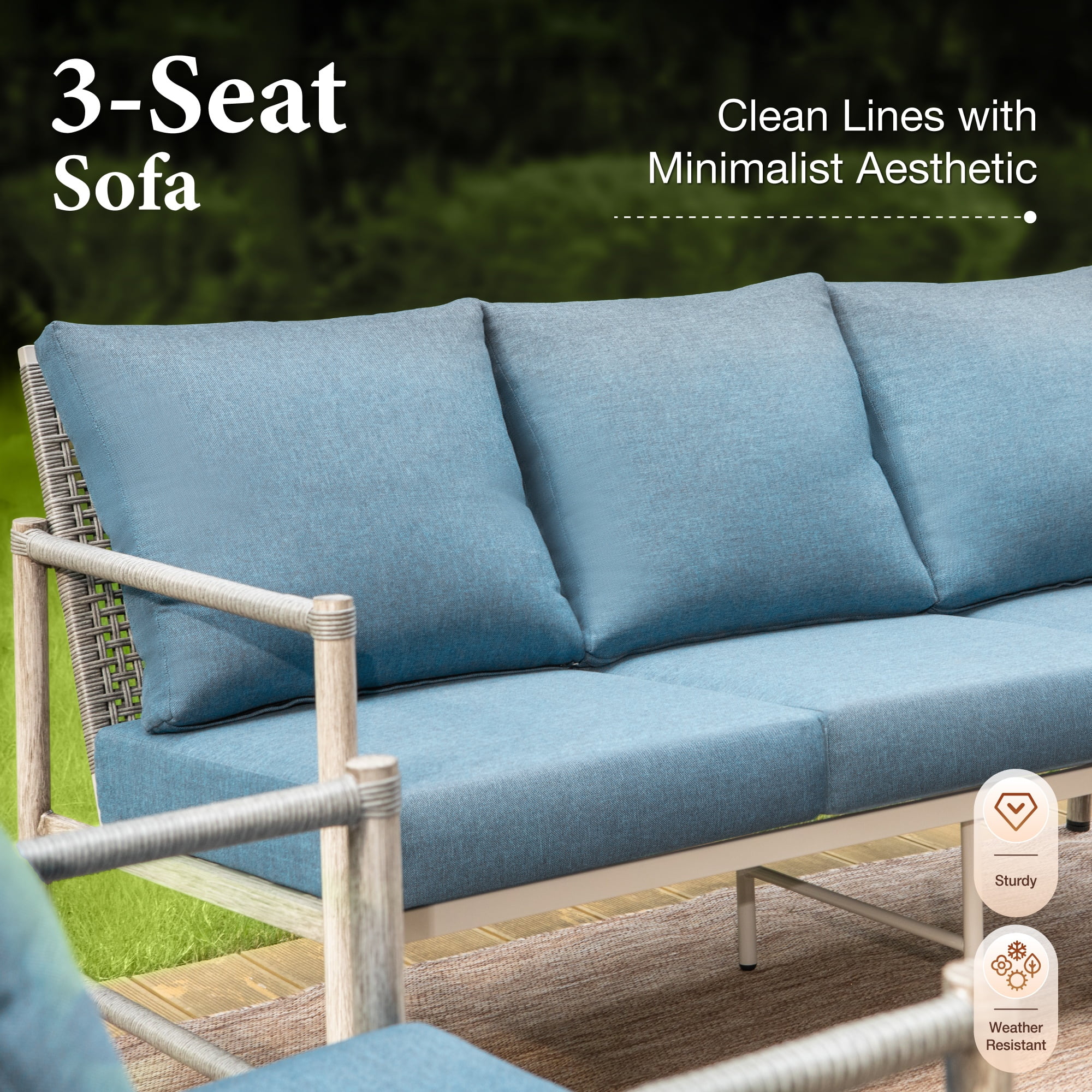 MF Studio 5-Seat Outdoor Patio Furniture Set with Wicker High Back Sofa, Wood-Grain Outdoor Conversation Set  for 5, Blue