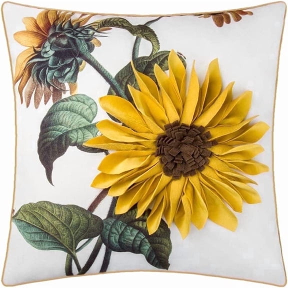 JWH 3D Sunflower Decorative Pillow Cover 18x18inch Floral Printed Chenille Pillow Case with Gold Piping for Sofa Bed