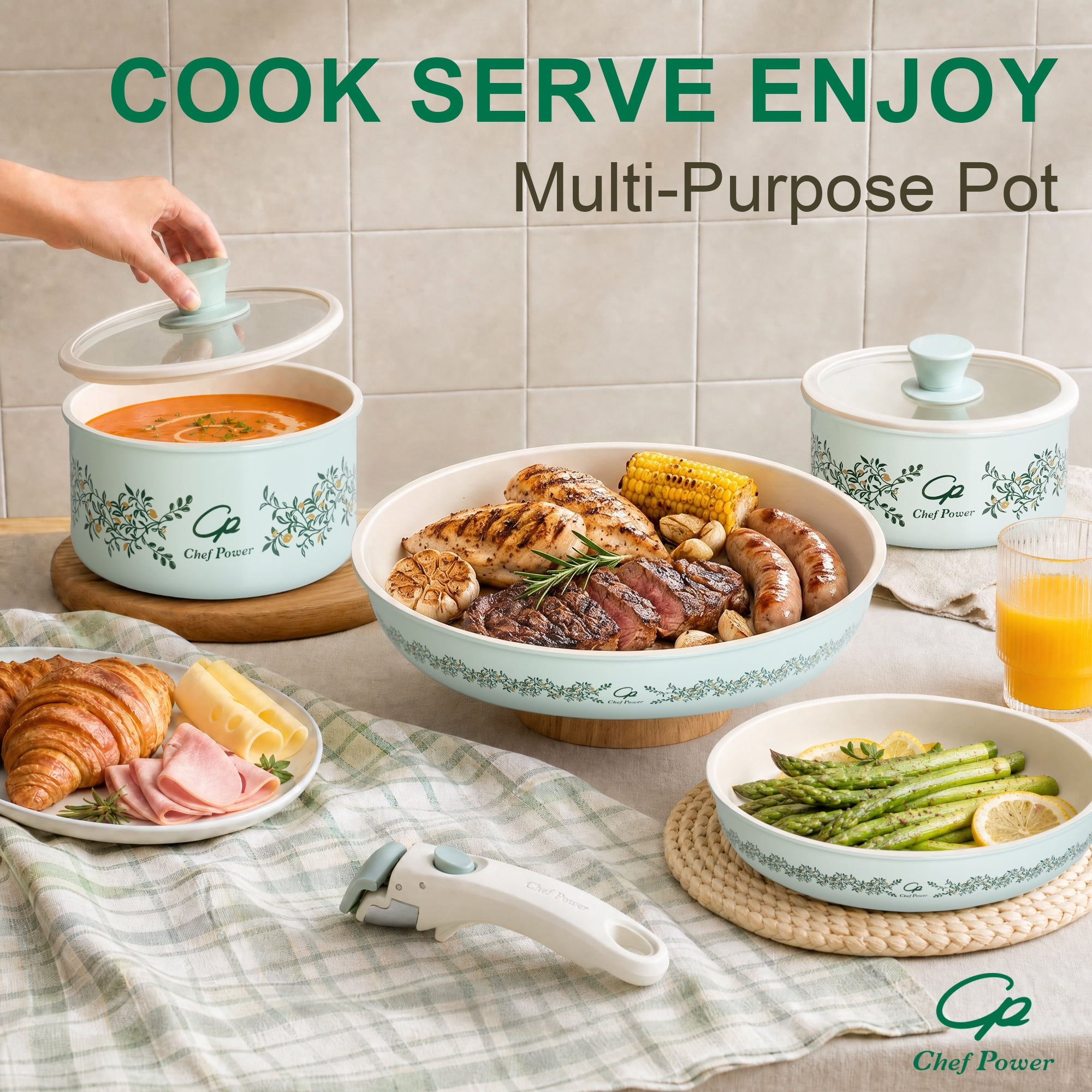 Chef Power 14pcs Nonstick Ceramic Cookware Set, Aquamarine Olive Branch Decals