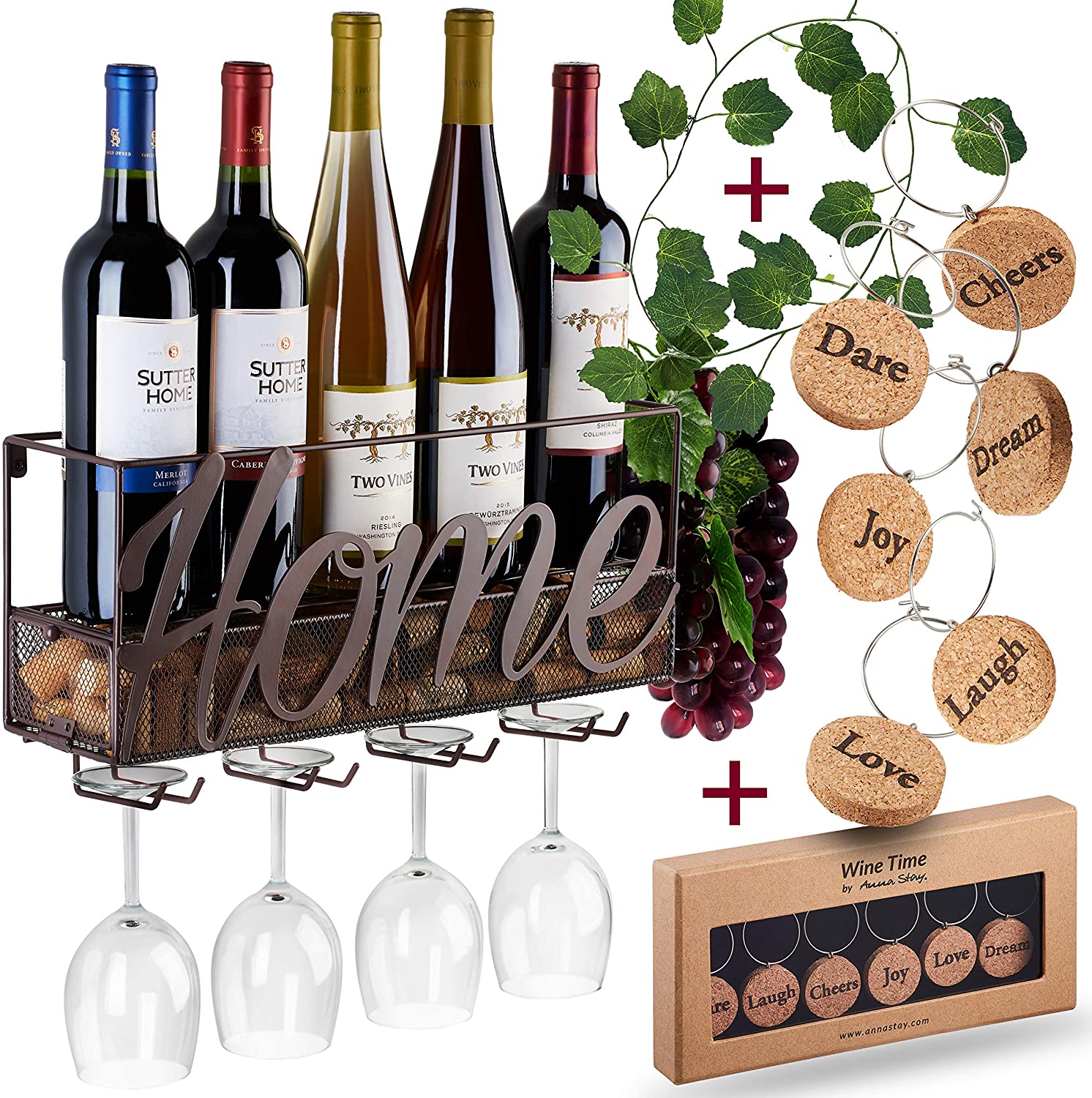 Wall Mounted Wine Rack Bottle Glass Holder Cork Storage Store Red White Champagne Come With 6 Cork Wine Charms Home Kitchen Decor Storage Rack