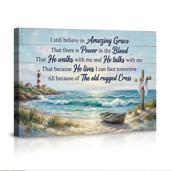 "I Still Believe in Amazing Grace" Coastal Christian Canvas Wall Art, Lighthouse & Cross Beach Scene, Inspirational Hymn Decor for Living Room & Beach House