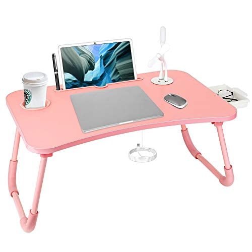 Laptop Bed Desk Foldable Table Portable With Cup Holder Storage Drawer Usb Charging Port Light Fan Trays Eating Reading Watching On Com Laptop Bed Desk Foldable Table, Bed Desk Tray With Charger