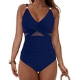 thumbnail image 2 of GEWSEY Womens One Piece Sexy Mesh Swimsuit Modest Tummy Control Bathing Suit Twist Front Swim Dress Swimwear 2025 (Dark Blue, L), 2 of 9