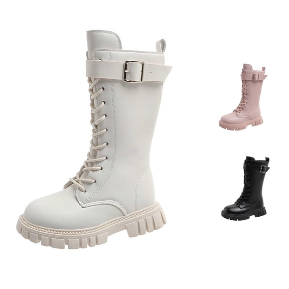 Krdevn Girls Mid‑Calf Boots Shoes, Lace‑Up Metal Buckle Strap, Fleece Lined Warm, Chunky Non‑Slip Sole British Style Winter Leather Boots,White