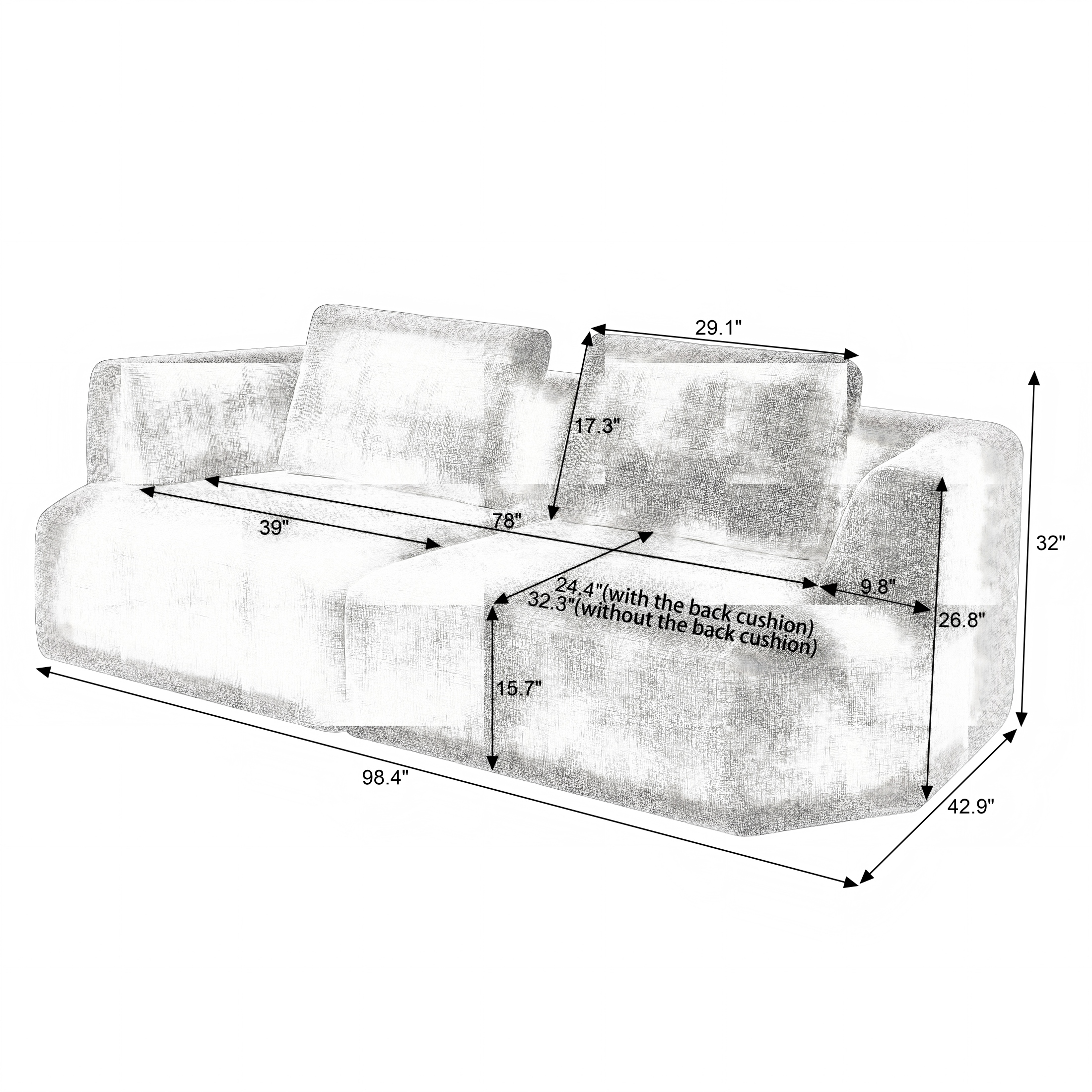 Aukfa 99-inch 3 Seater Sofa, Chenille Boneless Modular Couch with 2 Pillows, Green
