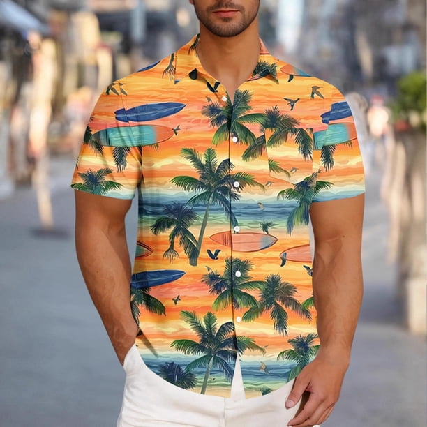 Blusa y camisa de manga corta con cuello vuelto para hombre, blusa informal de moda con cuello vuelto, blusa estampada de manga corta con botones, blusa de poliéster para hombre