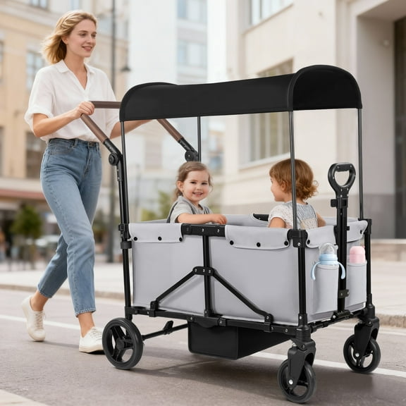 Tripland Wagon Stroller for Kids, 2-Seater Outdoor Baby Stroller with Canopy,Pull & Push Handle,Gray
