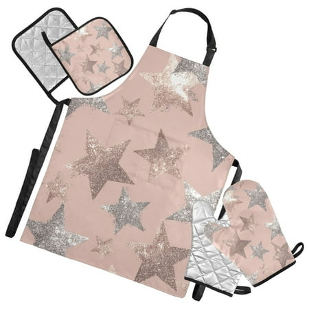 Pink Silver Shining Stars Apron Set with Oven Mitts Pot Holders Set of 5 Kitchen Stuff Accessories