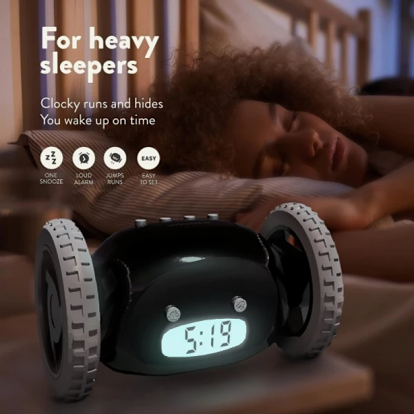 Rolling alarm clock - extra loud sound for heavy sleepers (Clockie Robo