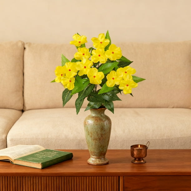 Flores Artificiales De Plástico Paquete De 1 Azalea Artificial De 37cm Con 5 Cabezas De Impatiens, De Plástico Amarillo, Para Decoración De Exteriores, Porches, Jardines Y Paisajes Rkxzt