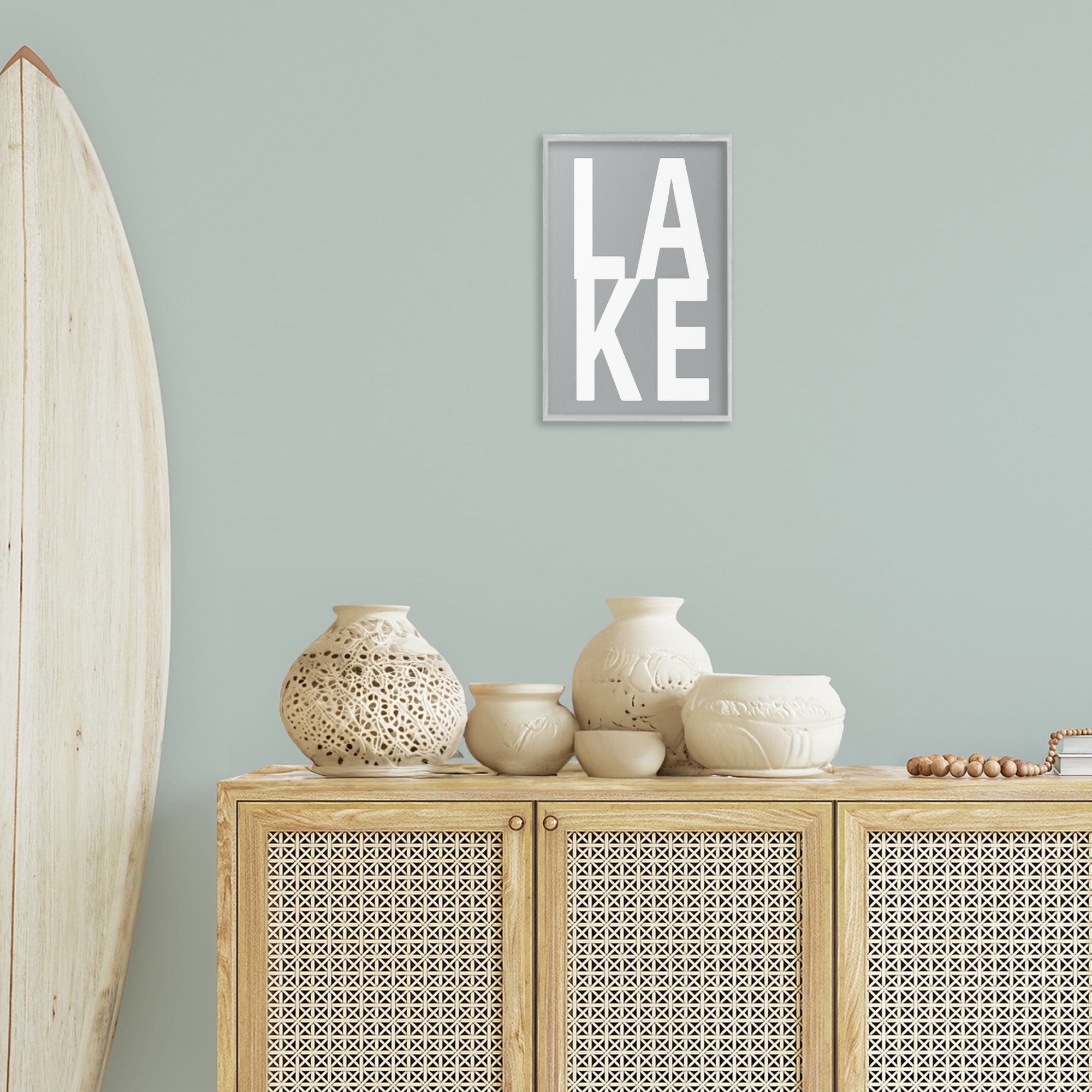 Stupell Industries Lake Word on Grey Typography Painting Gray Framed Art Print Wall Art, 12 x 18