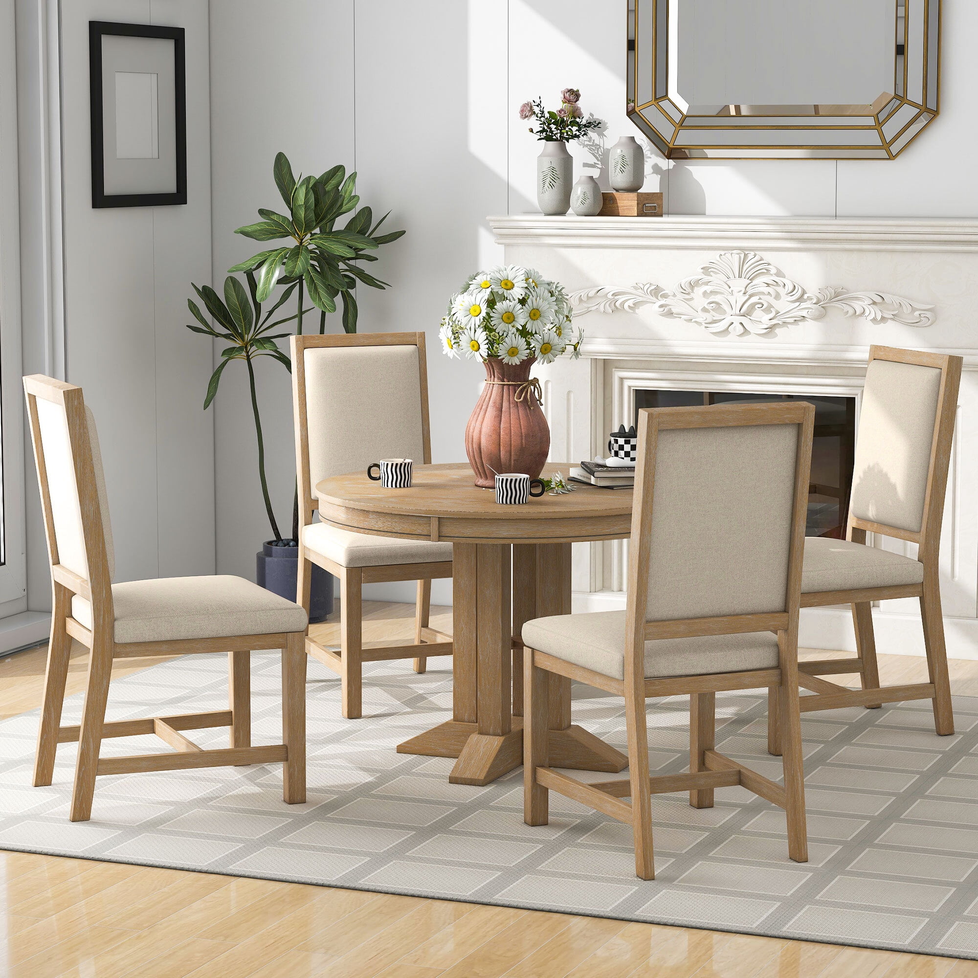 EUROCO 5-Piece Dining Table Set for 4,Round Kitchen Extendable Dining Table with 4 Dining Upholstered Chairs and Wooden Frame,Dining Room Table Set for Small Space,Living Room,Natural
