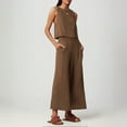 thumbnail image 5 of Women's Solid Color Linen 2 Piece Set Sleeveless Crop Top With Buttons And Wide Leg Pants Capri Pants For Women Petite, 5 of 8