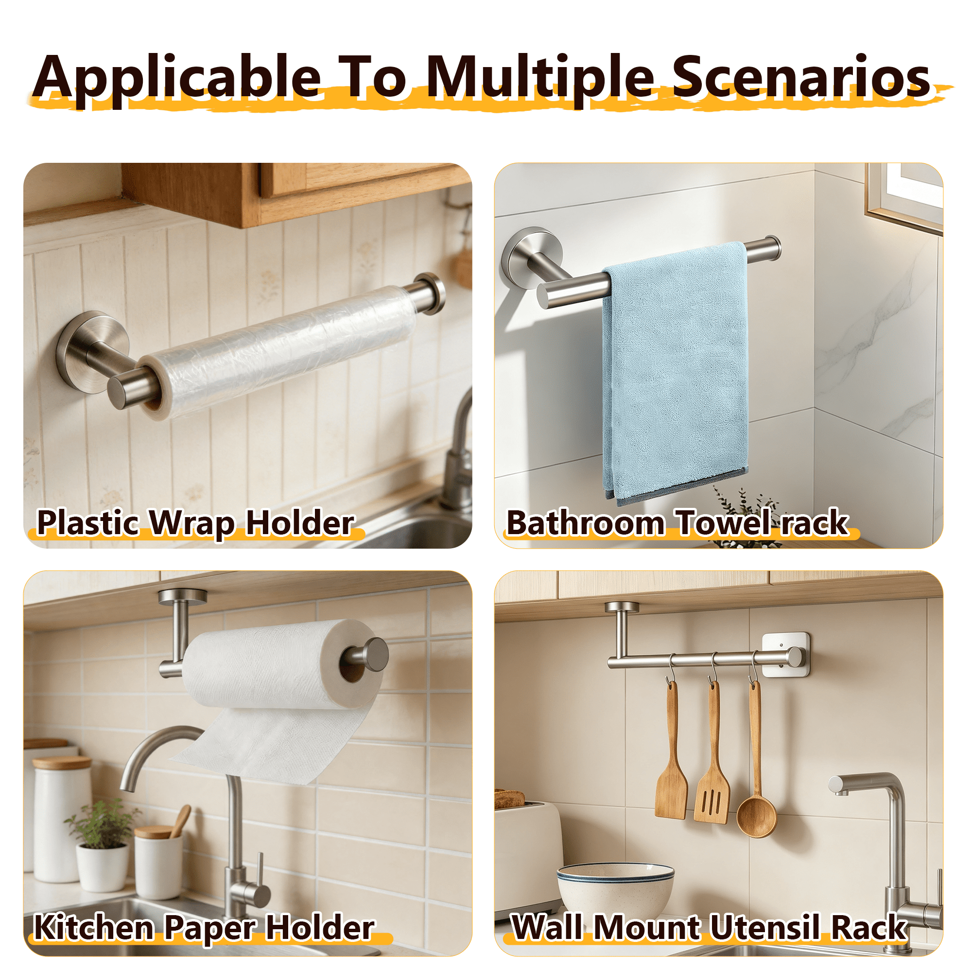 Wall Mount Paper Towel Holder, Stainless Steel Under Cabinet Paper Towel Rack, Multi-Purpose Wall Towel Bar for Kitchen Bathroom, Drilled Mount Paper Roll Holder