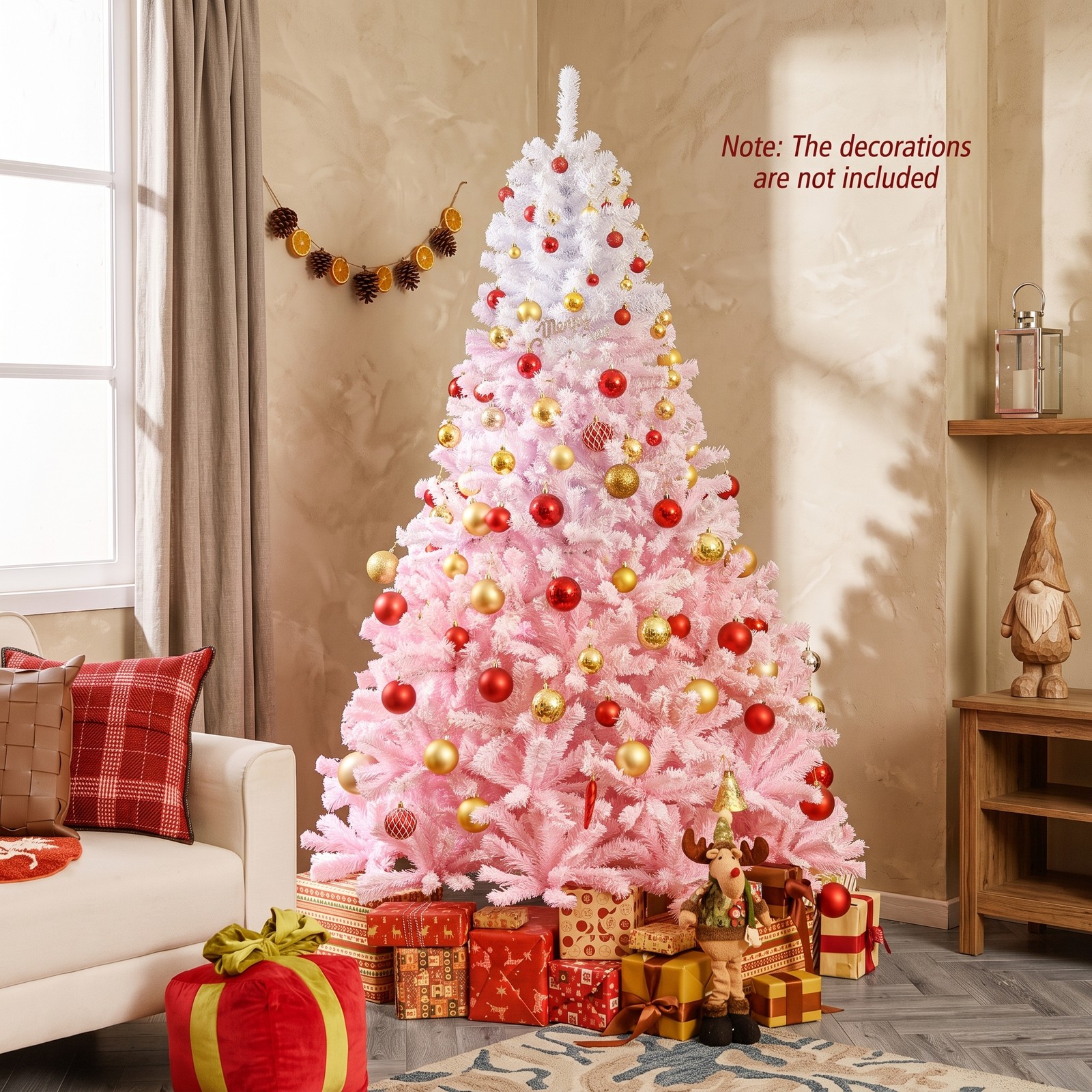 RUIE 7FT Artificial Christmas Tree, Pre-Assembled Hinged Pine Holiday Tree with 1264 Flocked Branch Tips and Folding Metal Stand, Snow Gradient Flocked, White & Pink