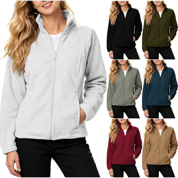 Gfyviroh Cozy Jackets for Women Full Zip Up Long Sleeve Fleece Jacket Solid Slim Fit Casual Stand Collar Outerwear