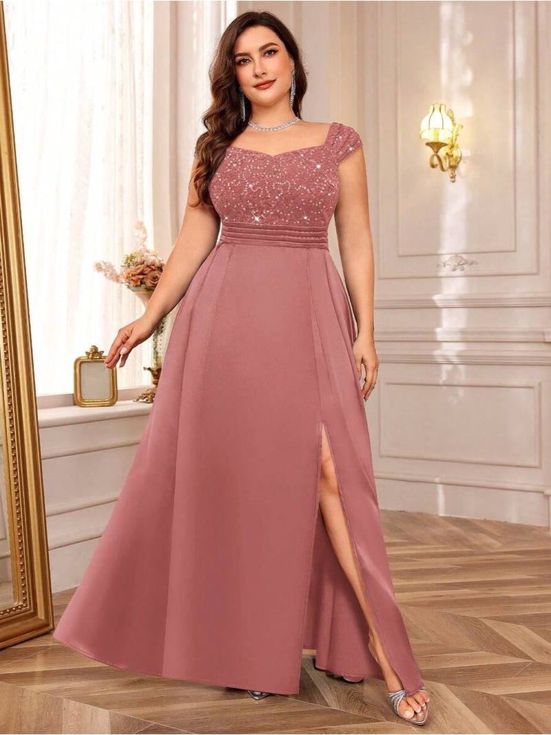 dusty pink sequin bridesmaid dresses Sequin Rose Gold Bridesmaid Dress: Chiffon A-line Wedding Guest Gown