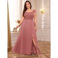 thumbnail image 5 of Dusty Pink Plus Size Sleeveless Sequin Lace Bodice Satin A-Line High Slit Formal Evening Gown, 5 of 7