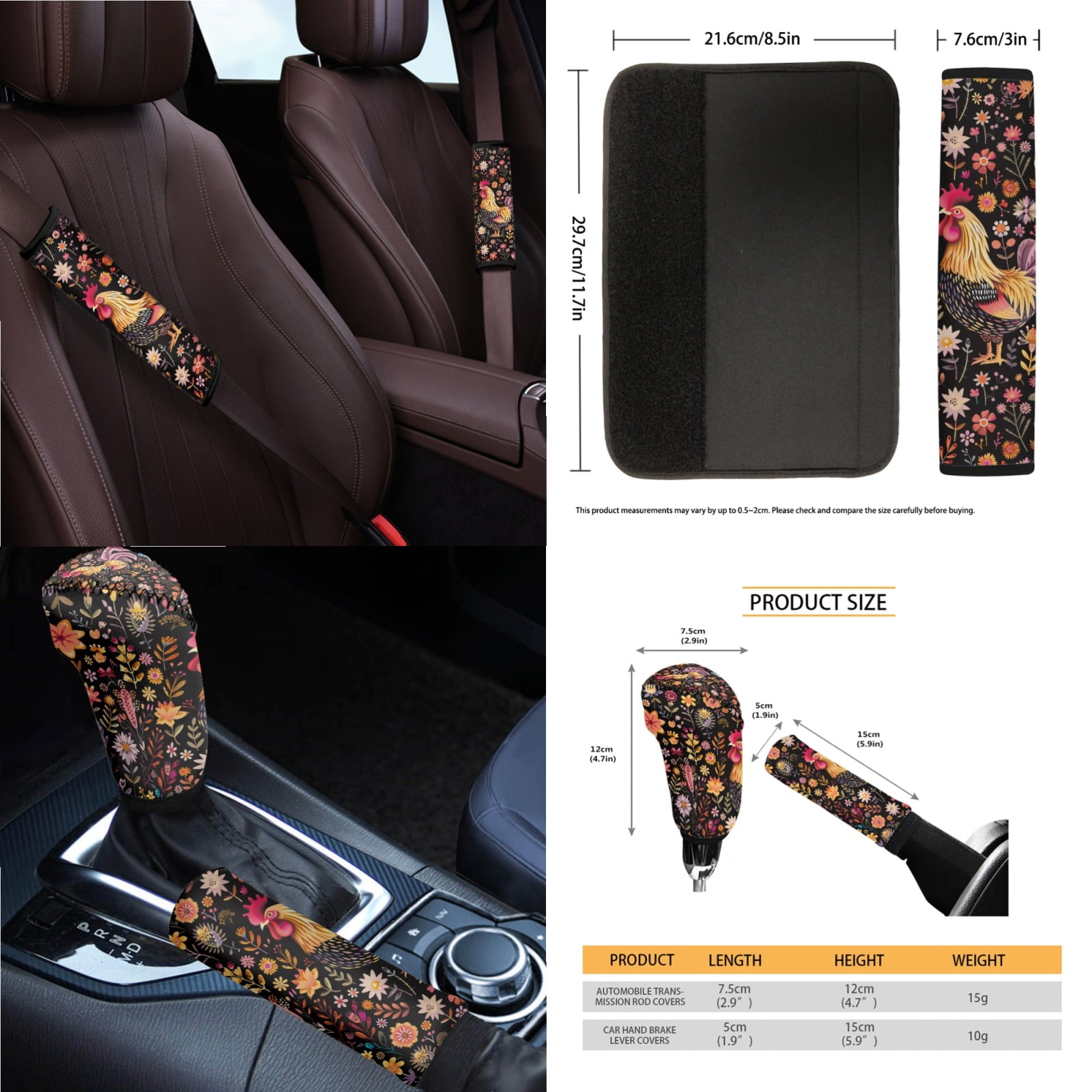 Yuyamidu 14 PCS Chicken Car Seat Cover Full Set with Steering Wheel Cover Floral Seat Belt Cover Cross Trash Can Rear View Mirror Cover Coaster Center Console Cover Gear Shift Knob Cover Set