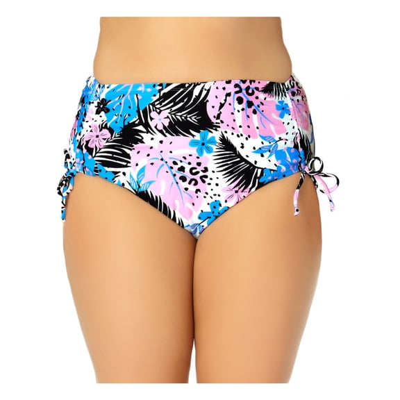 CALIFORNIA WAVES Women's White Tropical Print Stretch Cinched Lined Moderate Coverage Tie High Waisted Swimsuit Bottom 2X