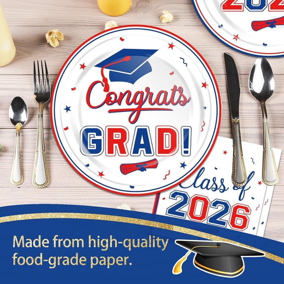 PYAN-200 Pcs Graduation Table Decorations Party Supplies - Red Blue Graduation Plates and Napkins Class of 2026 Disposable Dinnerware Set for College High School Congrats Grad Party Favors, Serve 50