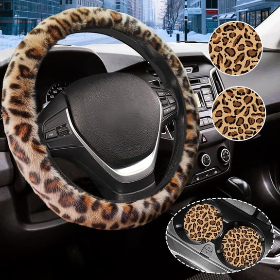 Brown Leopard Print Fuzzy Steering Wheel Cover for Women, Universal Auto Steering Wheel 14-15 Inch Soft Warm Car Interior Accessories with 2PCS Car Coasters, Suitable for Men and Women