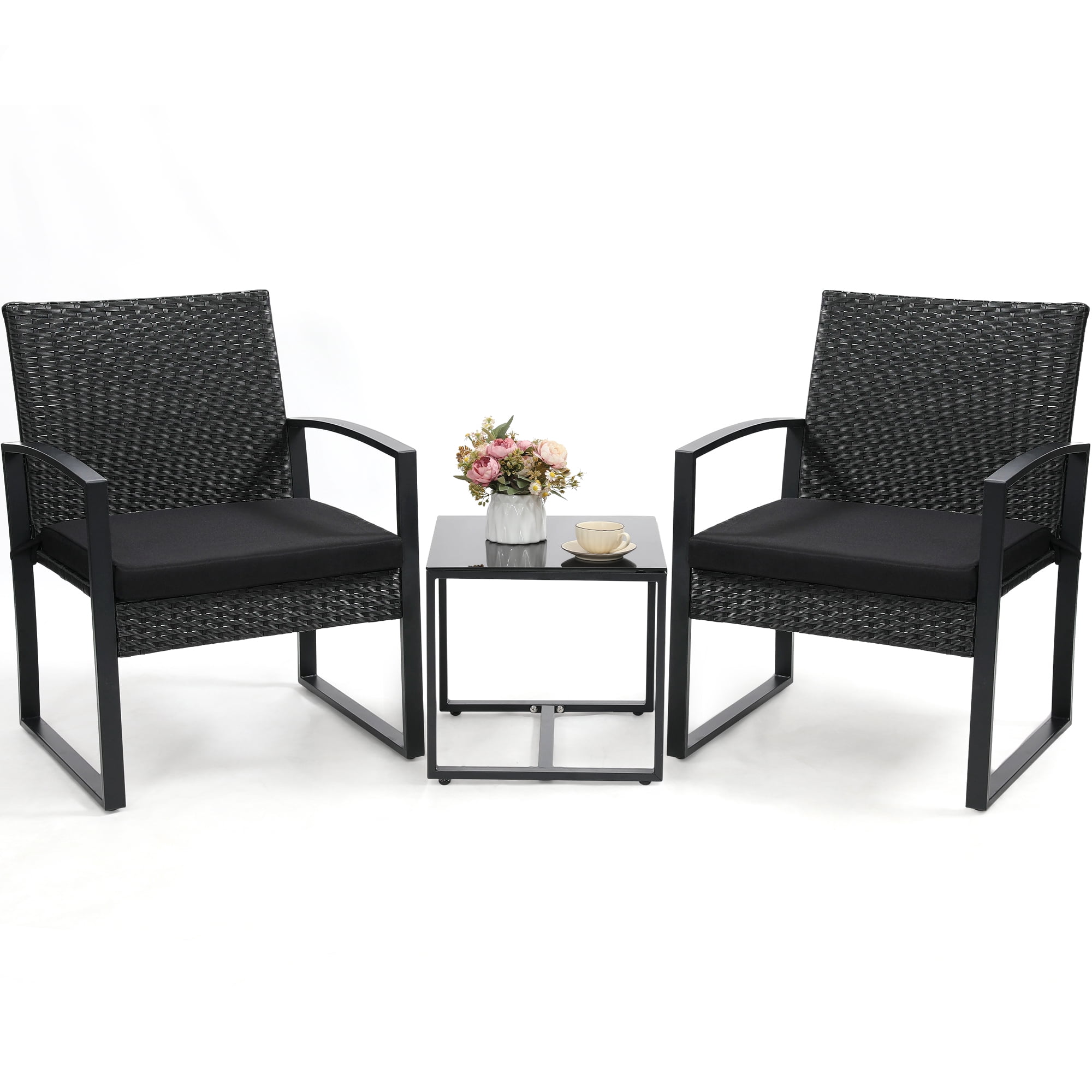 TUAREX 3-Piece Rattan Patio Furniture Set, All-Weather Wicker Bistro Set with Coffee Table and Cushioned Chairs for Garden, Yard, Balcony, Black