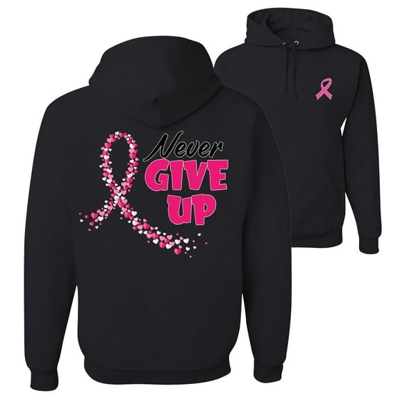 Wild Bobby, Never Give Up Fight Cancer, Breast Cancer Awareness, Front and Back Unisex Graphic Hoodie Sweatshirt, Black, Small