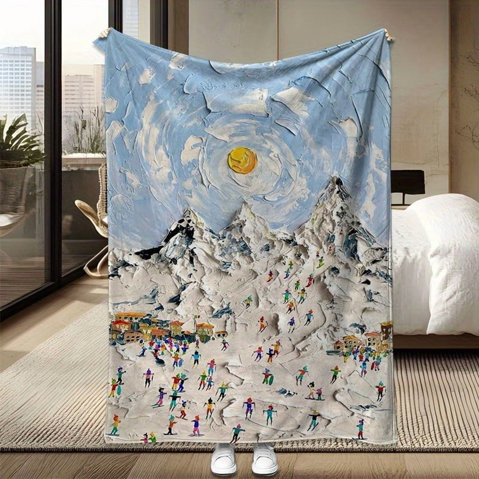 1pc Contemporary Flannel Blanket - Dynamic Skiing Scene with Snow-Capped Peaks & Colorful Skiers, All-Season Soft Warmth, Vibrant Mixed Colors, Perfect Gift for Birthdays, Holidays, Home Decor, Artis