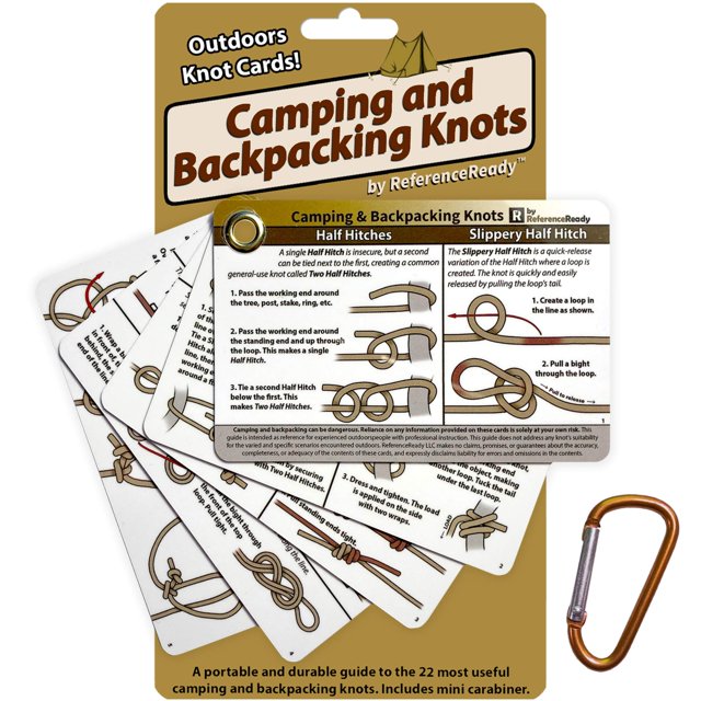 ReferenceReady Outdoor Knots - Tarjetas impermeables para atar nudos con mini mosquetón - Incluye 22 nudos de cuerda para acampar, mochileros, escenarios de exploración